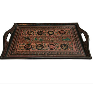 Vintage Japanese Black Lacquer Serving Tray 14"x9" Cinnabar Asian Design Handles